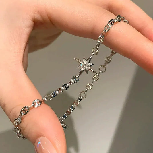 Silver North Star Crystal Charm Bracelet Lucky Star Chain Bracelet for Women Minimalist Celestial Jewellery V888-ELOSUNG54254