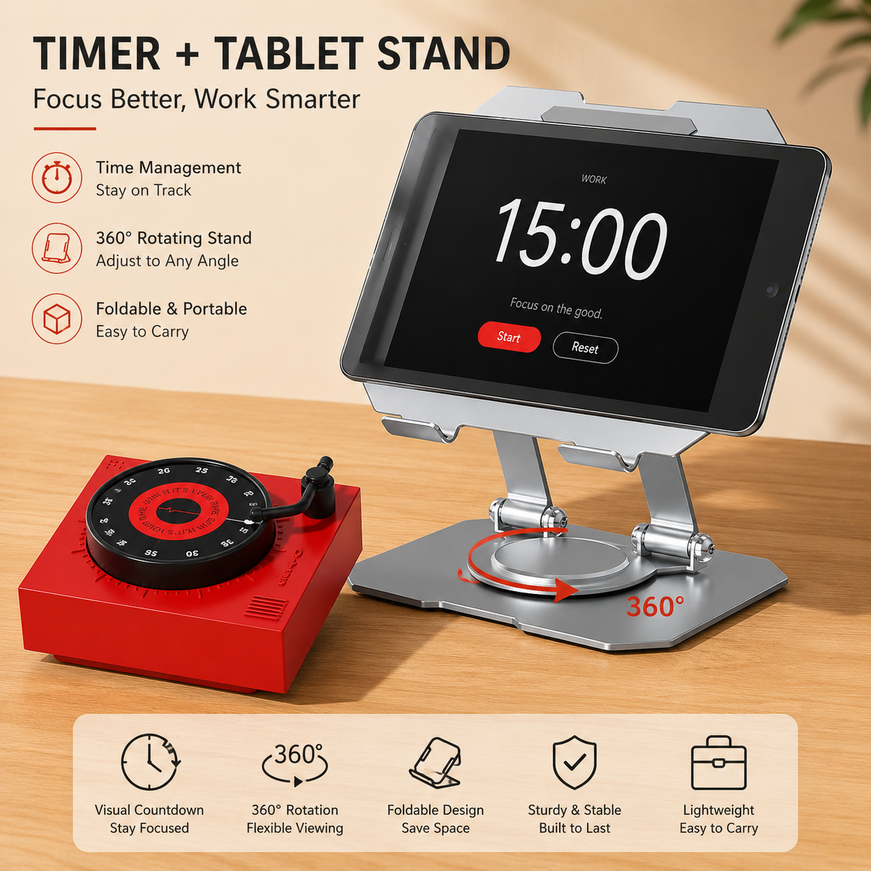 Study Focus Timer (red) and Foldable Metal Tablet Stand (Silver) Set, Mechanical Countdown Timer with V888-ELOSUNG54255