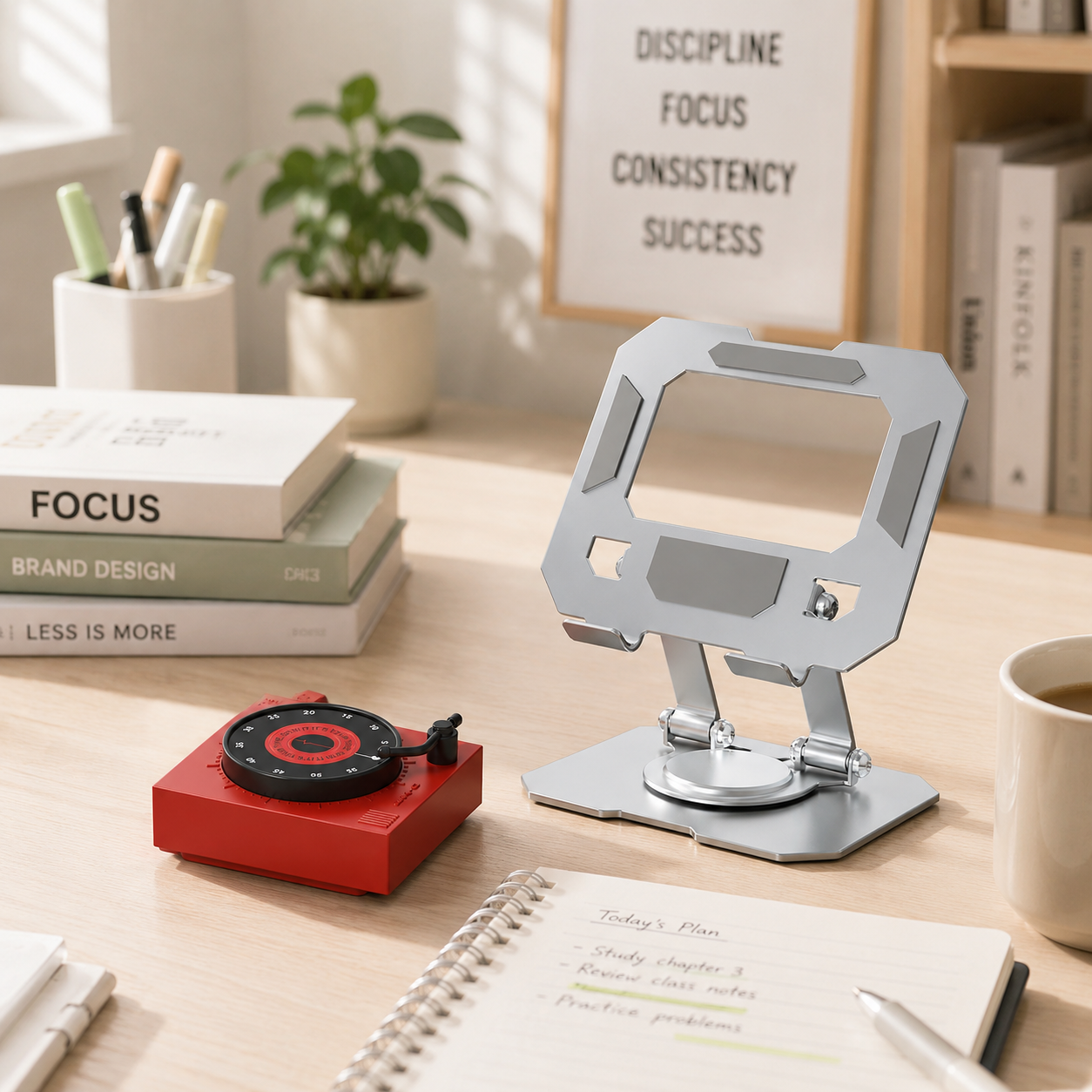 Study Focus Timer (red) and Foldable Metal Tablet Stand (Silver) Set, Mechanical Countdown Timer with V888-ELOSUNG54255