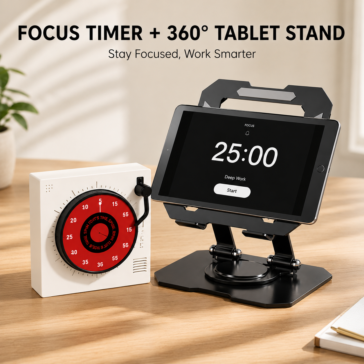 Study Focus Timer (White) and Foldable Metal Tablet Stand (Black) Set, Mechanical Countdown Timer with V888-ELOSUNG54257