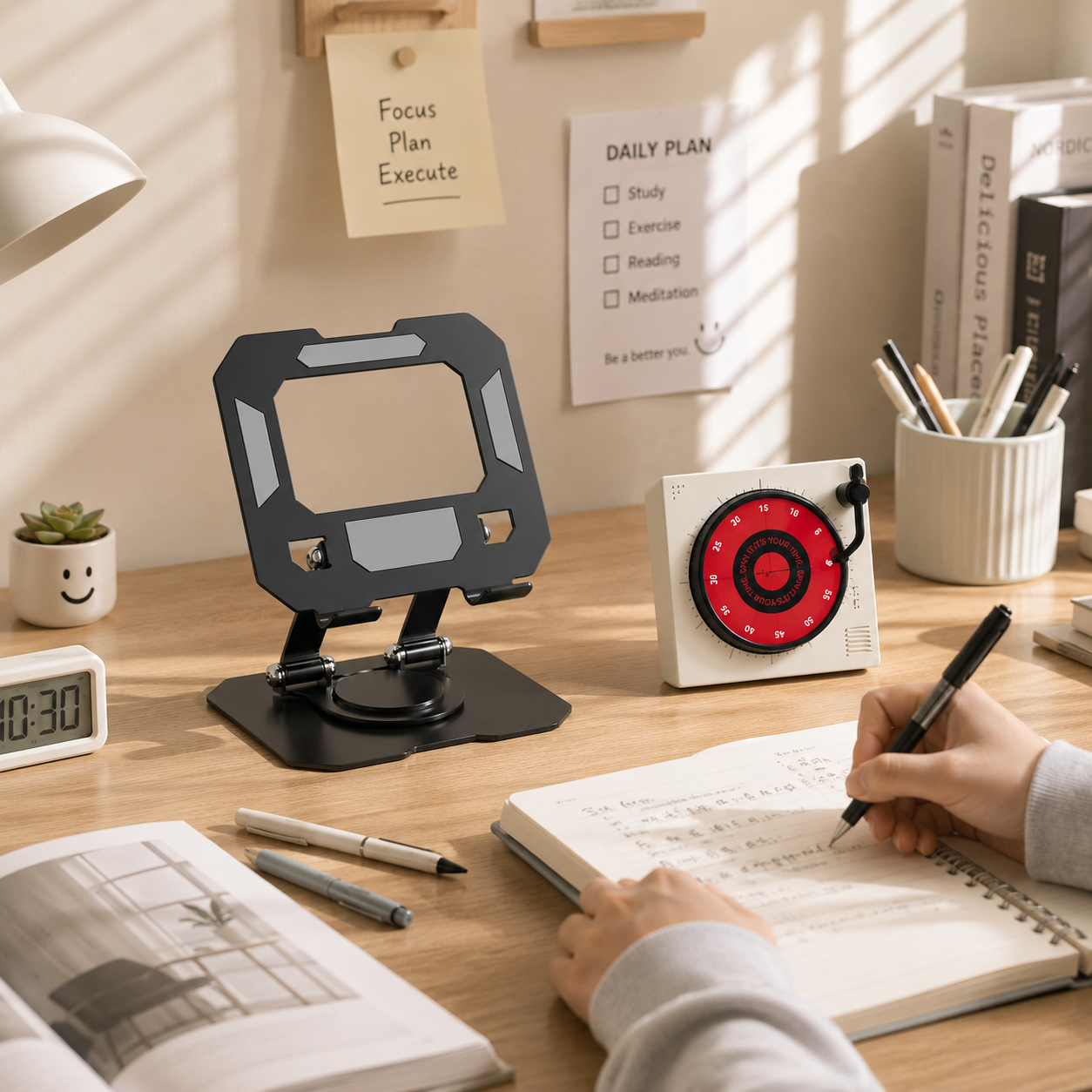 Study Focus Timer (White) and Foldable Metal Tablet Stand (Black) Set, Mechanical Countdown Timer with V888-ELOSUNG54257
