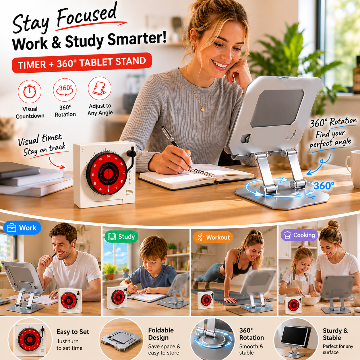 Study Focus Timer (White) and Foldable Metal Tablet Stand (Silver) Set, Mechanical Countdown Timer with V888-ELOSUNG54258