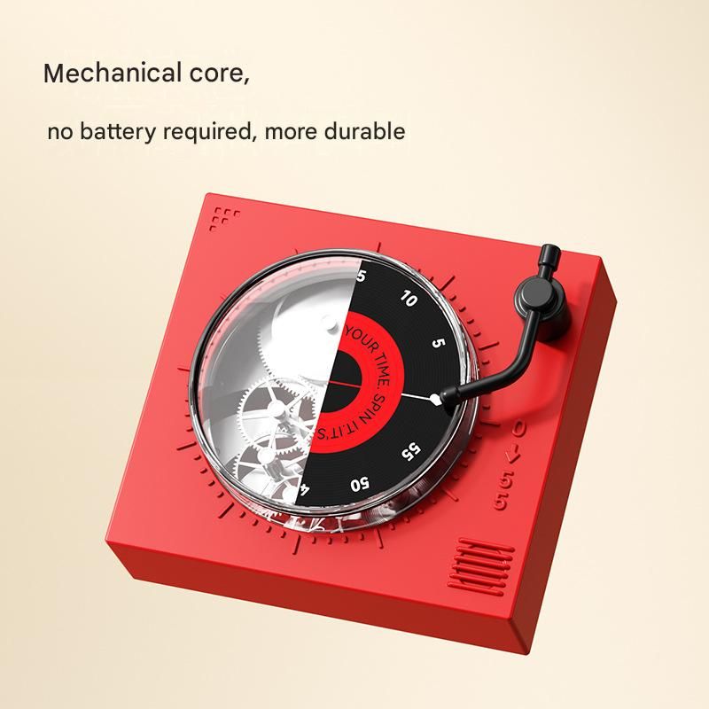 Red Record Player Mechanical Timer Magnet Timer for Study, Productivity and Time Management, Wind-Up V888-ELOSUNG54262