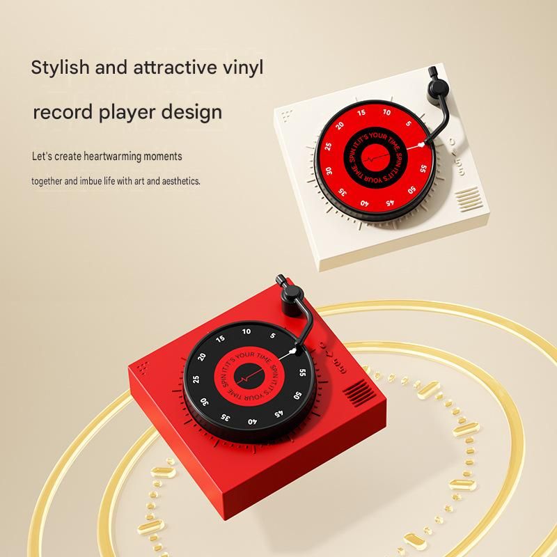 Red Record Player Mechanical Timer Magnet Timer for Study, Productivity and Time Management, Wind-Up V888-ELOSUNG54262