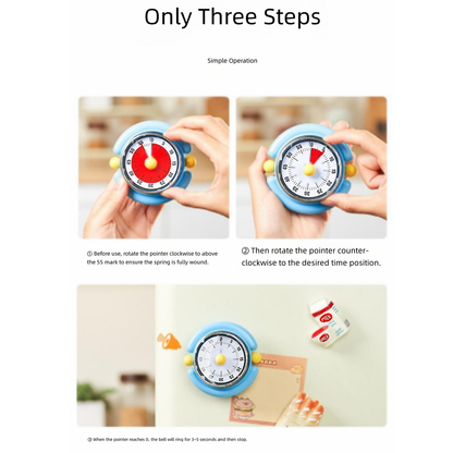 Blue Visual Mechanical Kitchen Timer with Magnetic Backing - Battery-Free Countdown Alarm for Cooking, Study V888-ELOSUNG54278