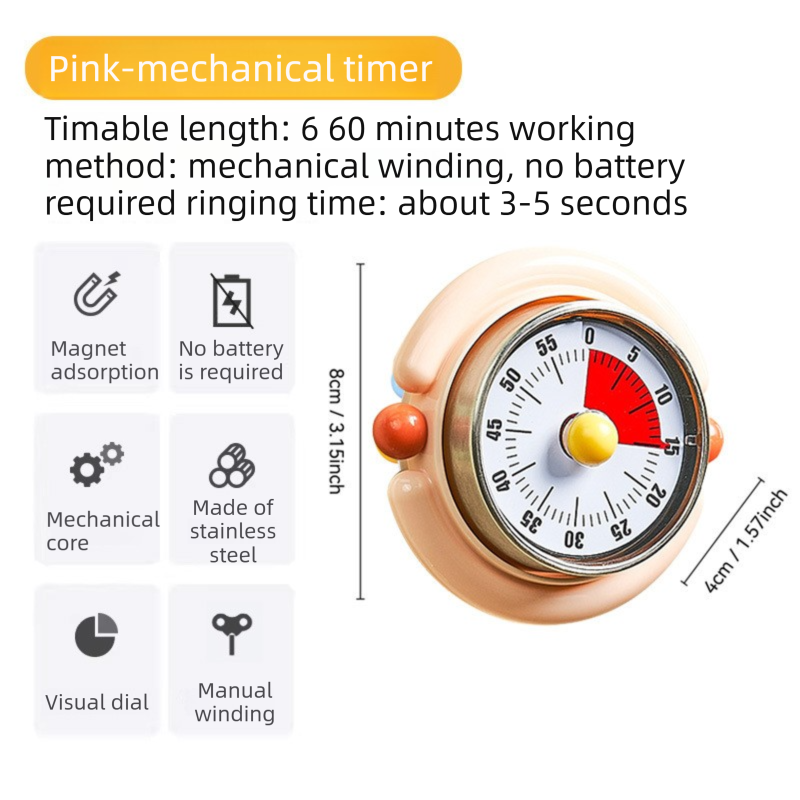 Pink Visual Mechanical Kitchen Timer with Magnetic Backing - Battery-Free Countdown Alarm for Cooking, Study V888-ELOSUNG54279
