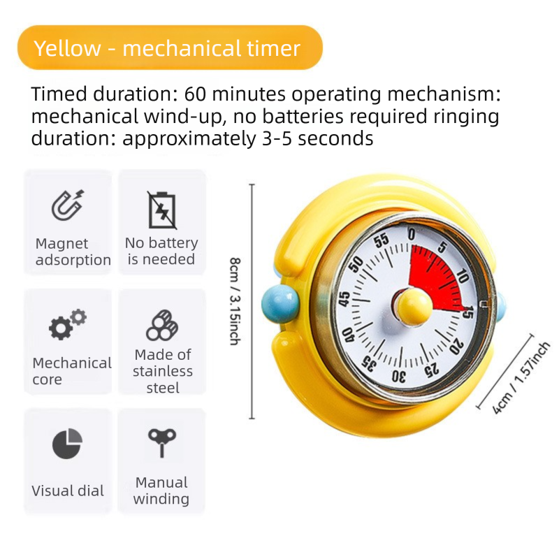 Yellow Visual Mechanical Kitchen Timer with Magnetic Backing - Battery-Free Countdown Alarm for Cooking, V888-ELOSUNG54281