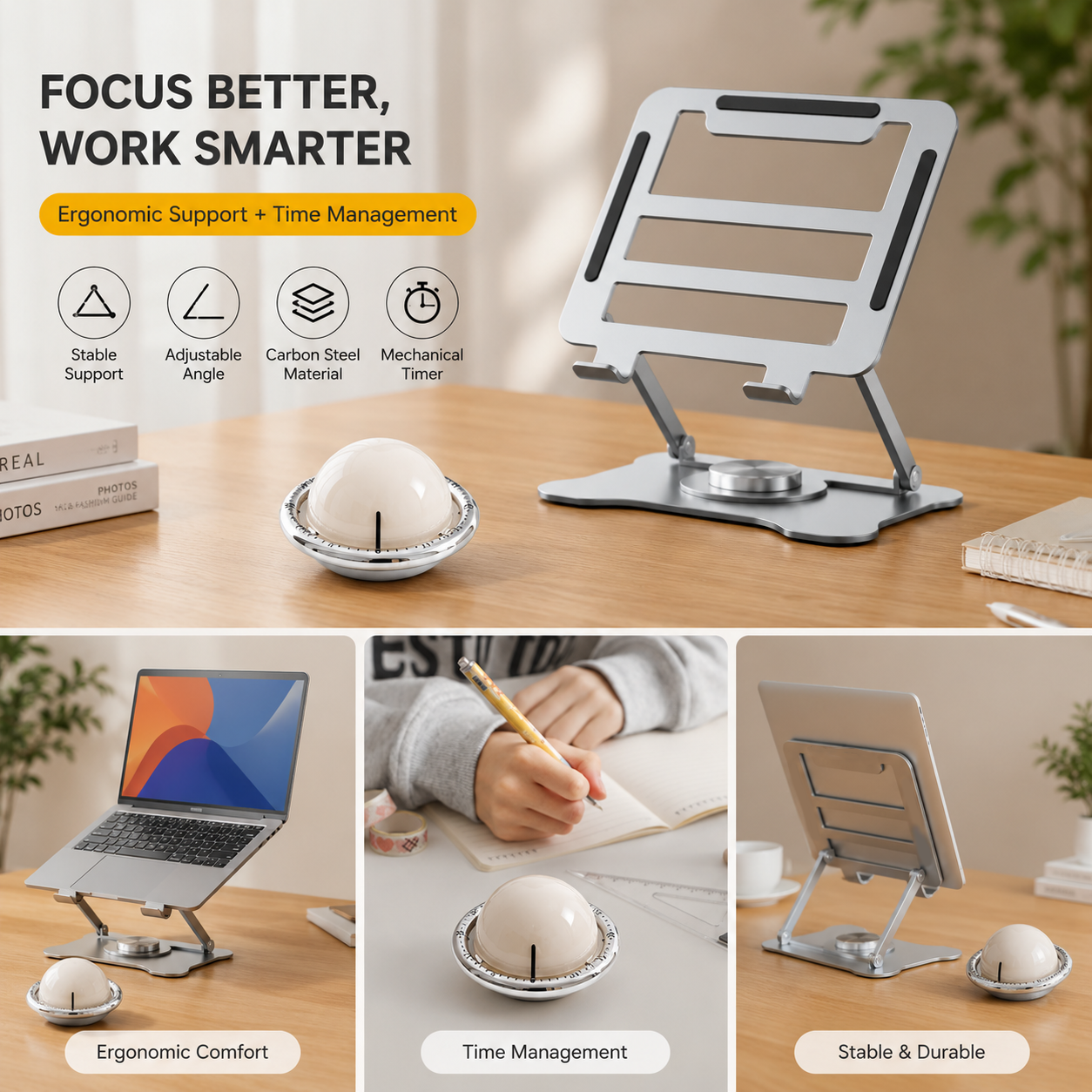 360 degrees Rotating Laptop Stand(Silver) & Magnetic Mechanical Timer(Beige) Set - Ergonomic Cooling Desk V888-ELOSUNG54282