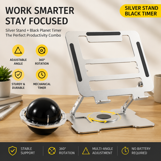 360 degrees Rotating Laptop Stand(Silver) & Magnetic Mechanical Timer(Black) Set - Ergonomic Cooling Desk V888-ELOSUNG54284