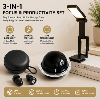 Black 3-in-1 Focus & Productivity Set: Magnetic Mechanical Timer, Noise-Reducing Earplugs & Rechargeable V888-ELOSUNG54286