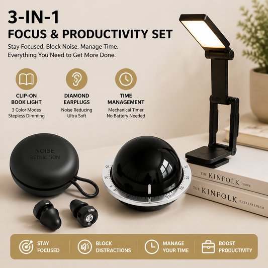 Black 3-in-1 Focus & Productivity Set: Magnetic Mechanical Timer, Noise-Reducing Earplugs & Rechargeable V888-ELOSUNG54286