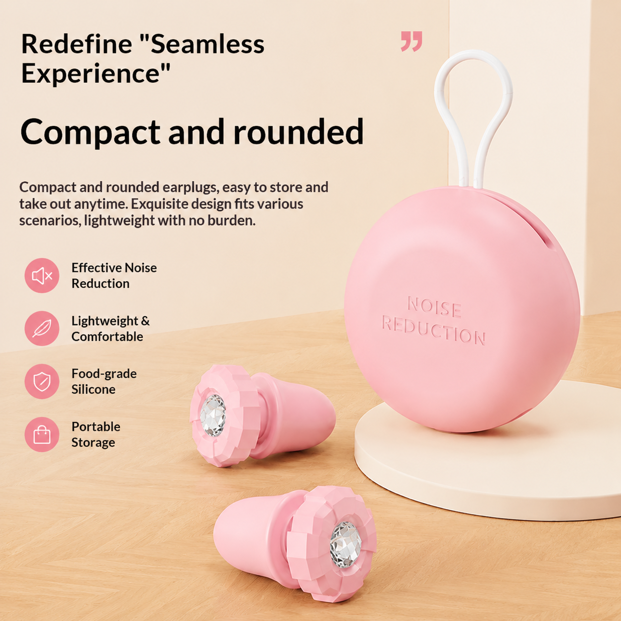 Pink Luxury Diamond-Encrusted Noise Reduction Earplugs with Anti-Lost Lanyard - Soft Silicone Sleep & Study V888-ELOSUNG54299