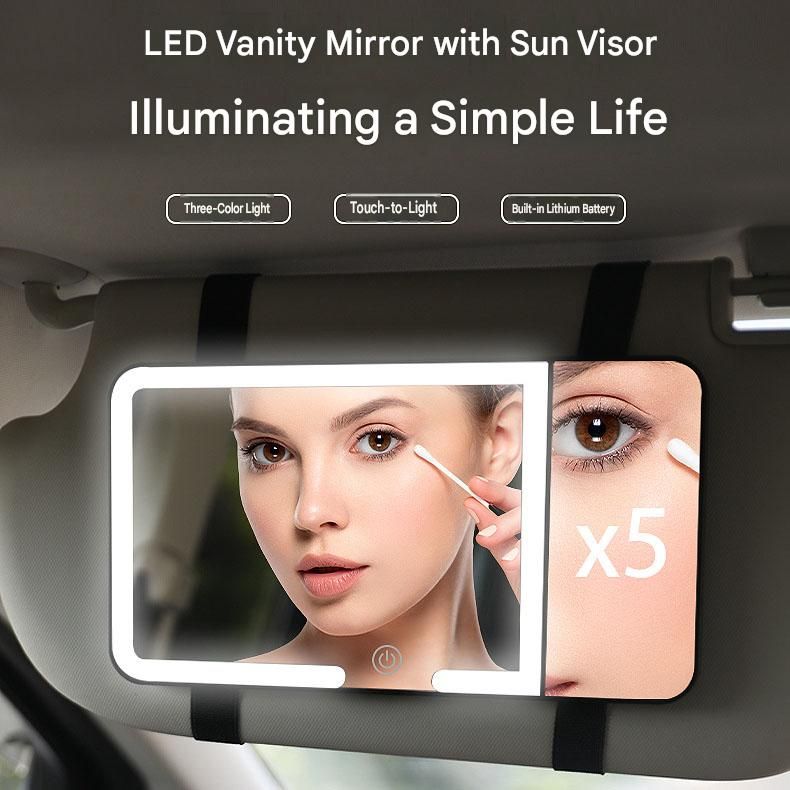 Black LED Car Sun Visor Makeup Mirror with 5x Magnification & Touch Lighting - Rechargeable Vanity Mirror for V888-ELOSUNG54301