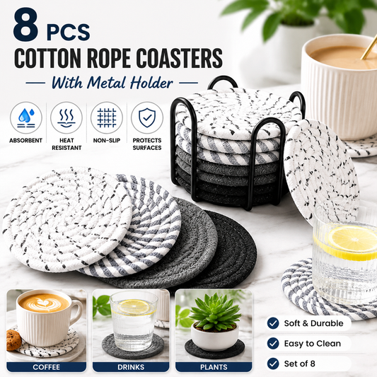 Black 8 Piece Handmade Braided Cotton Coasters Set with Holder 4.3 Inch Round Absorbent Drink Coasters Heat V888-ELOSUNG543016