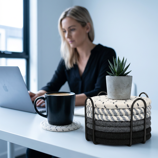 Black 8 Piece Handmade Braided Cotton Coasters Set with Holder 4.3 Inch Round Absorbent Drink Coasters Heat V888-ELOSUNG543016