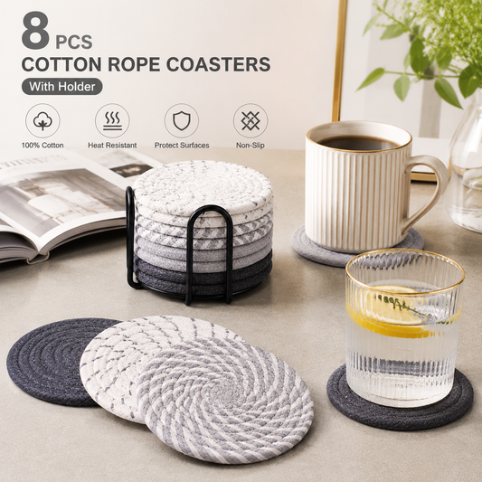 Gray tones 8 Piece Handmade Braided Cotton Coasters Set with Holder 4.3 Inch Round Absorbent Drink Coasters V888-ELOSUNG543019