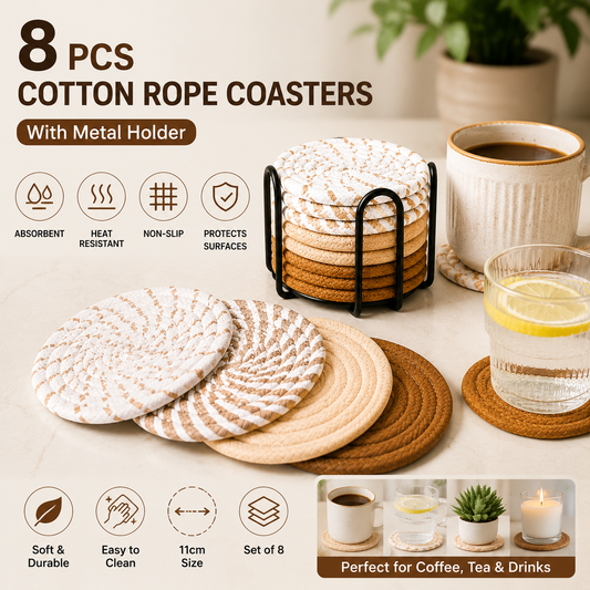 Brown series 8 Piece Handmade Braided Cotton Coasters Set with Holder 4.3 Inch Round Absorbent Drink Coasters V888-ELOSUNG543020