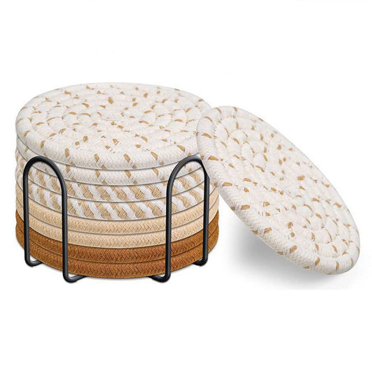 Brown series 8 Piece Handmade Braided Cotton Coasters Set with Holder 4.3 Inch Round Absorbent Drink Coasters V888-ELOSUNG543020