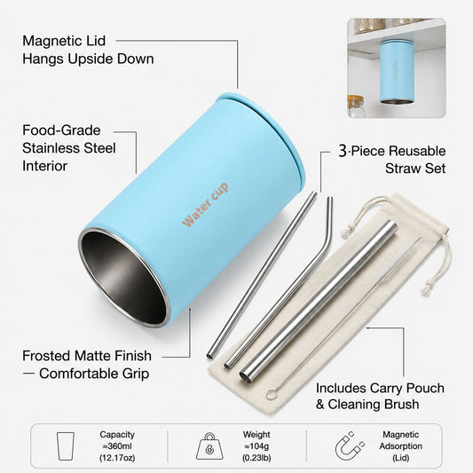 Blue 304 Stainless Steel Magnetic Hanging Water Bottle Set, 12.17 oz Reusable Drinking Bottle, Comes with 4 V888-ELOSUNG543024