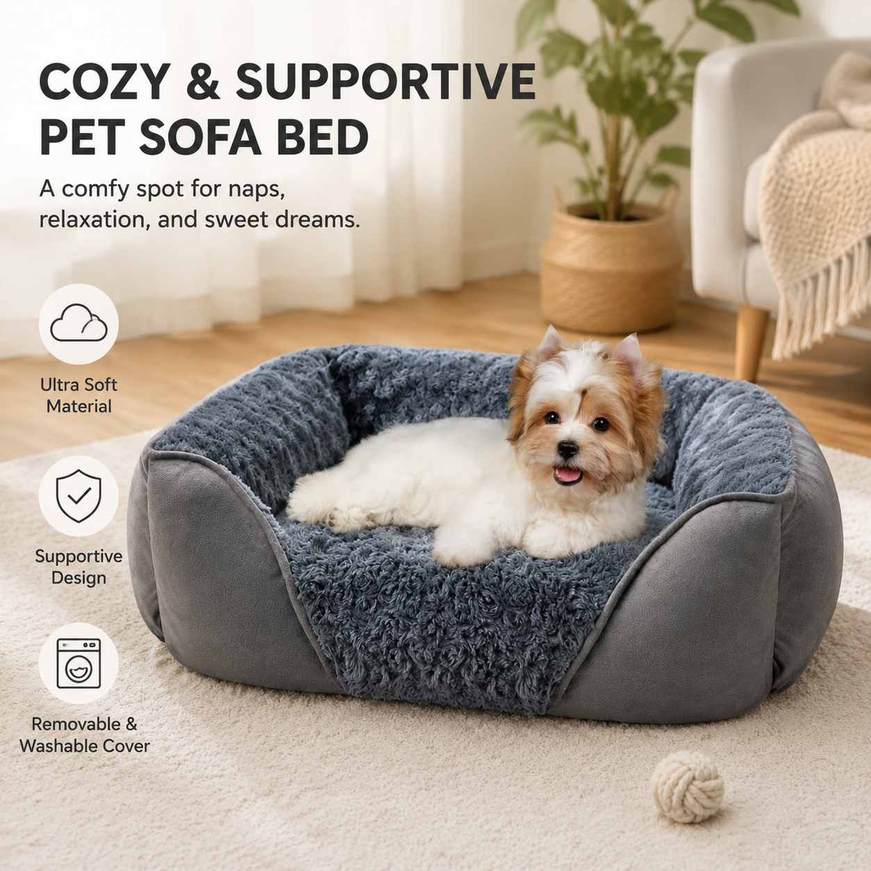Grey Small & Medium Pet Bed - Washable Rectangle Dog Bed with Bolstered Walls and Anti-Slip Bottom, S V888-ELOSUNG54303