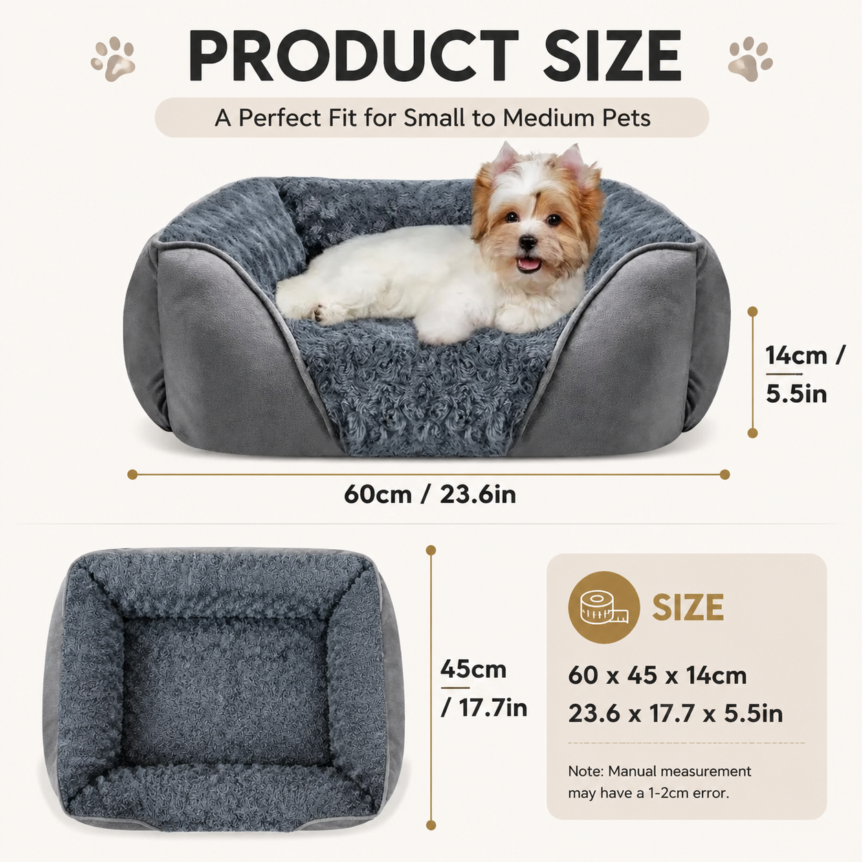 Grey Small & Medium Pet Bed - Washable Rectangle Dog Bed with Bolstered Walls and Anti-Slip Bottom, S V888-ELOSUNG54303