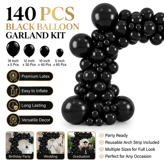 140PCS Black Balloon Garland Kit Latex Balloon Arch Set for Birthday Wedding Party Decoration Black Party V888-ELOSUNG543031