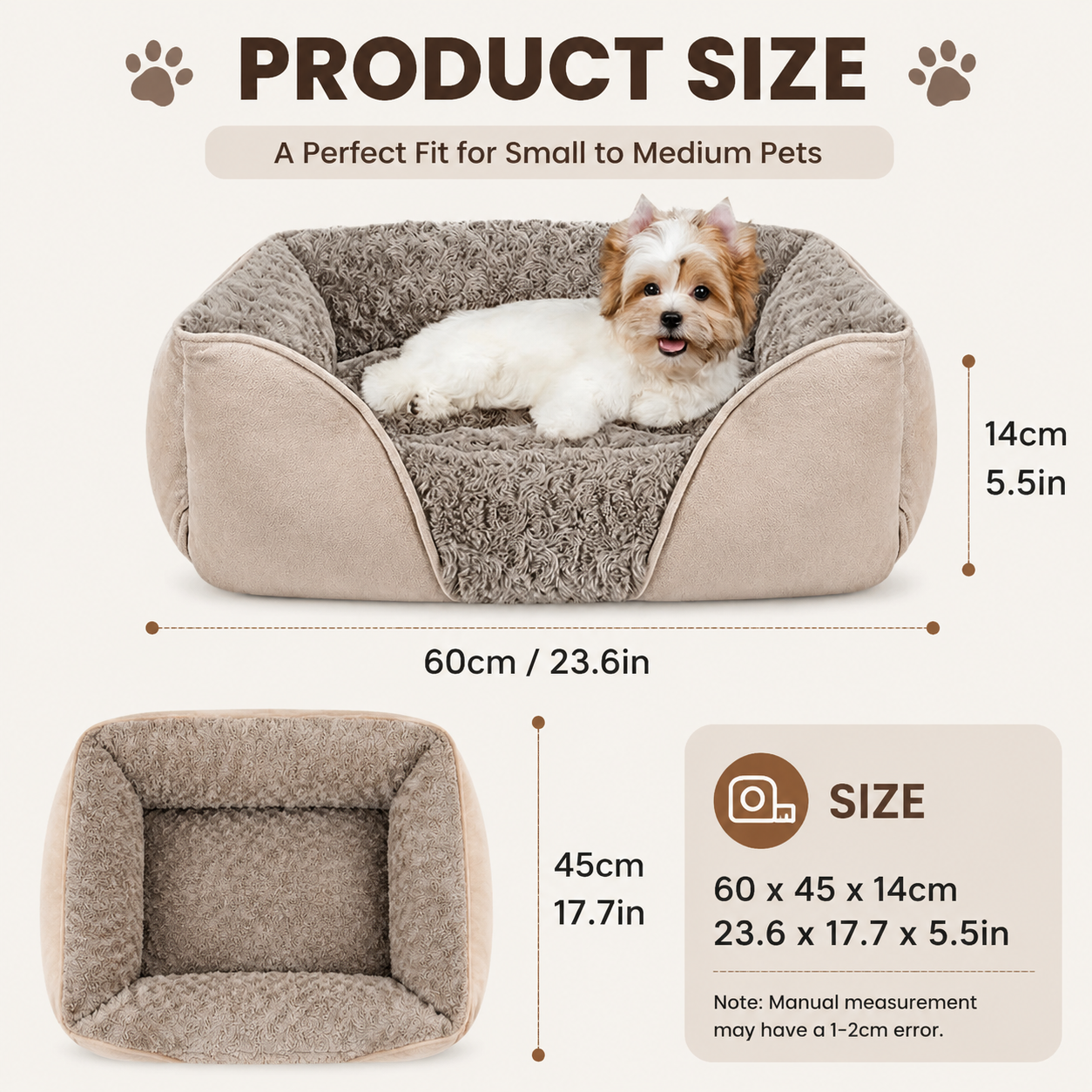Camel Small & Medium Pet Bed - Washable Rectangle Dog Bed with Bolstered Walls and Anti-Slip Bottom, S V888-ELOSUNG54304