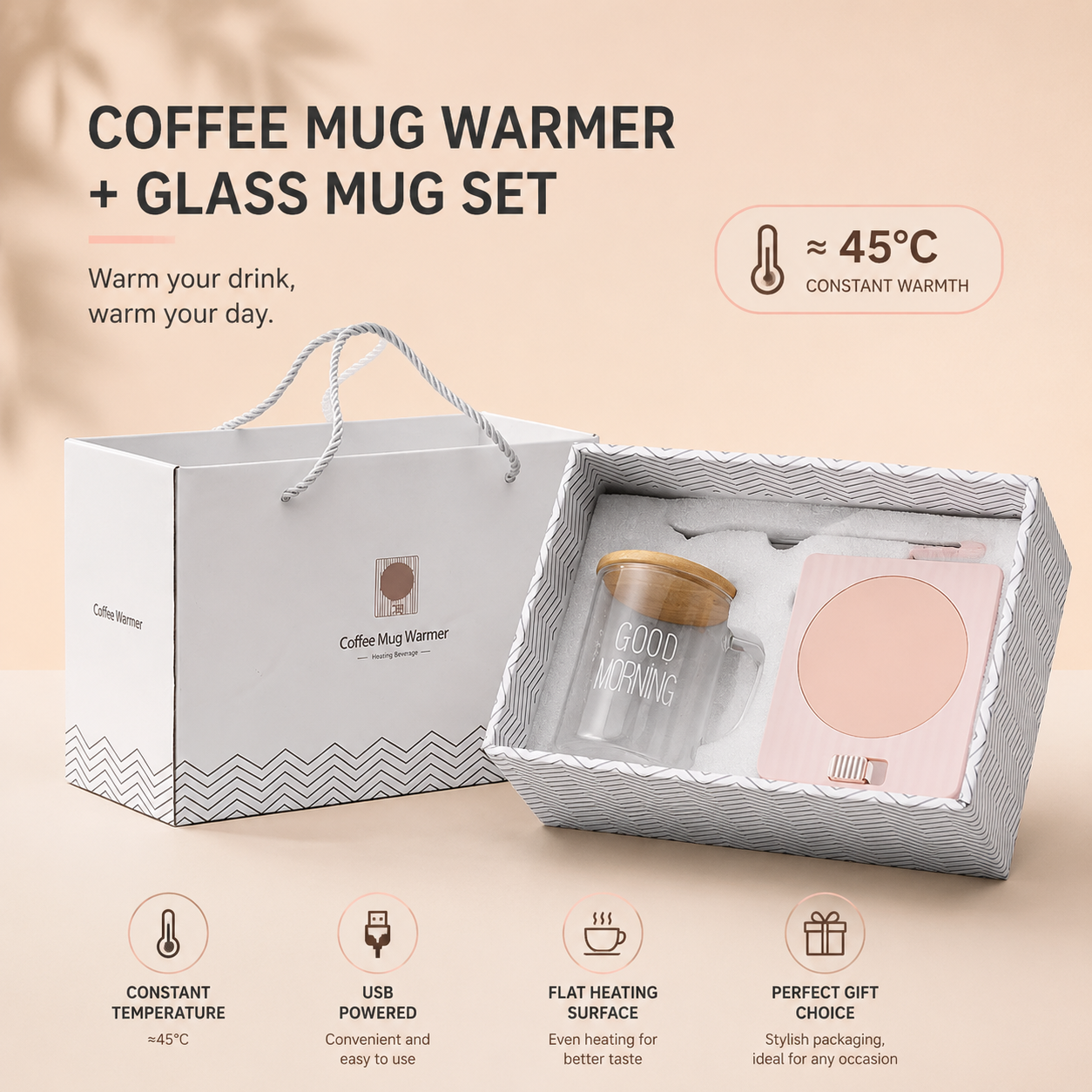 Pink Coffee Mug Warmer Set with Glass Mug and Lid USB Powered 13W Constant Temperature Heating Coaster Approx V888-ELOSUNG543042
