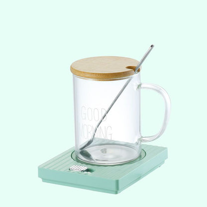 Green Coffee Mug Warmer Set with Glass Mug and Lid USB Powered 13W Constant Temperature Heating Coaster V888-ELOSUNG543043