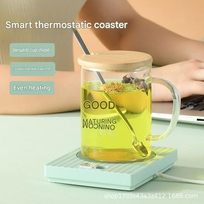 Green Coffee Mug Warmer Set with Glass Mug and Lid USB Powered 13W Constant Temperature Heating Coaster V888-ELOSUNG543043