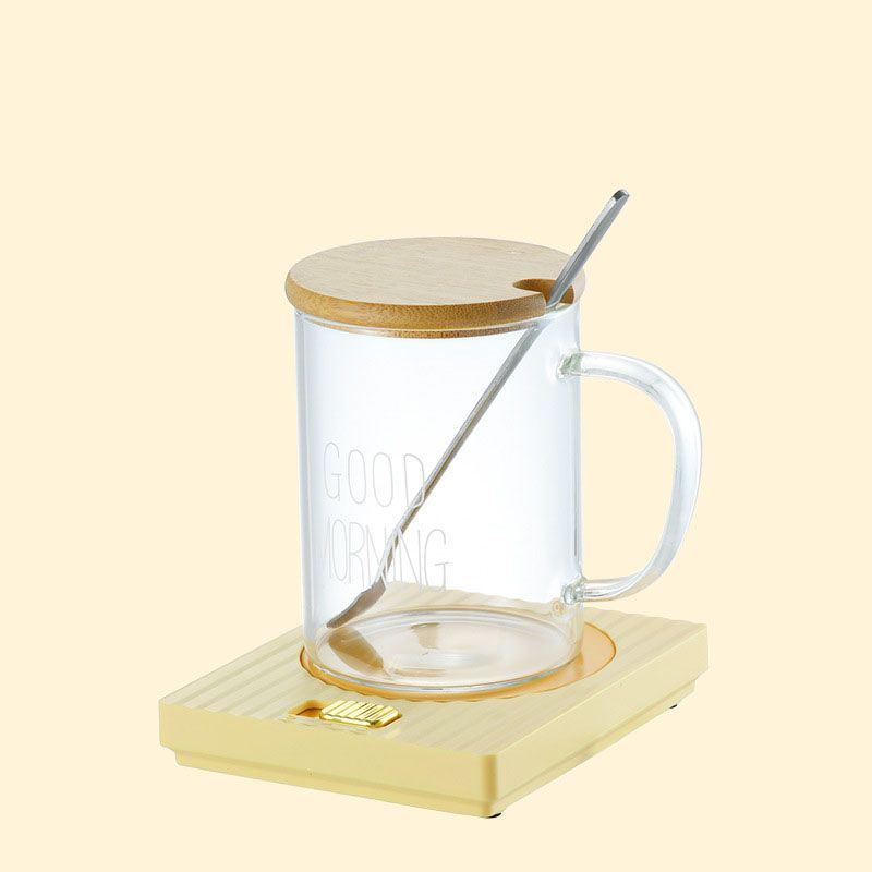 Yellow Coffee Mug Warmer Set with Glass Mug and Lid USB Powered 13W Constant Temperature Heating Coaster V888-ELOSUNG543044