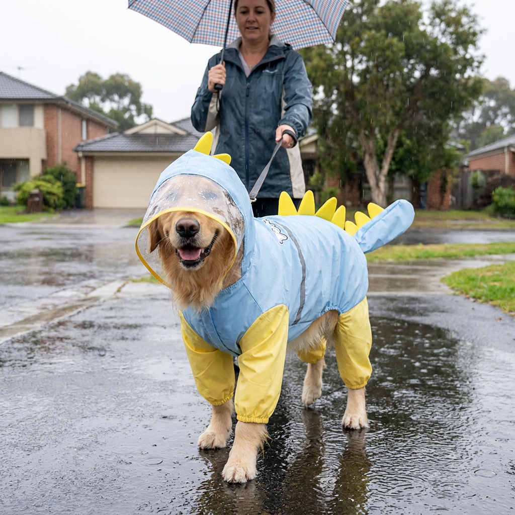Blue Dog Raincoat Dinosaur Hooded Waterproof Jacket 3XL Size with Leash Hole Removable Tail Cover Full Body V888-ELOSUNG543045