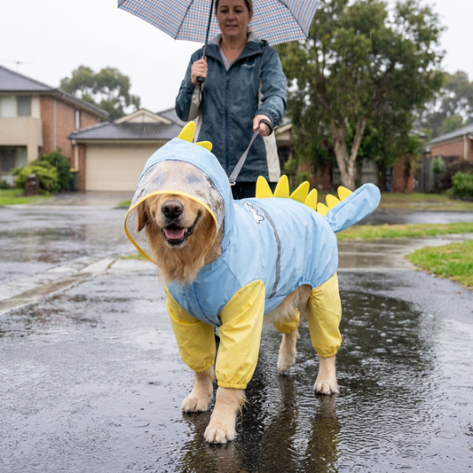 Blue Dog Raincoat Dinosaur Hooded Waterproof Jacket 3XL Size with Leash Hole Removable Tail Cover Full Body V888-ELOSUNG543045