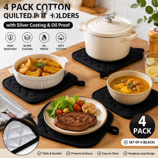 4 Pack Heat Resistant Pot Holders - Black Cotton Silver Coated Quilted Kitchen Heat Pads Non Slip Oven Mats V888-ELOSUNG54309