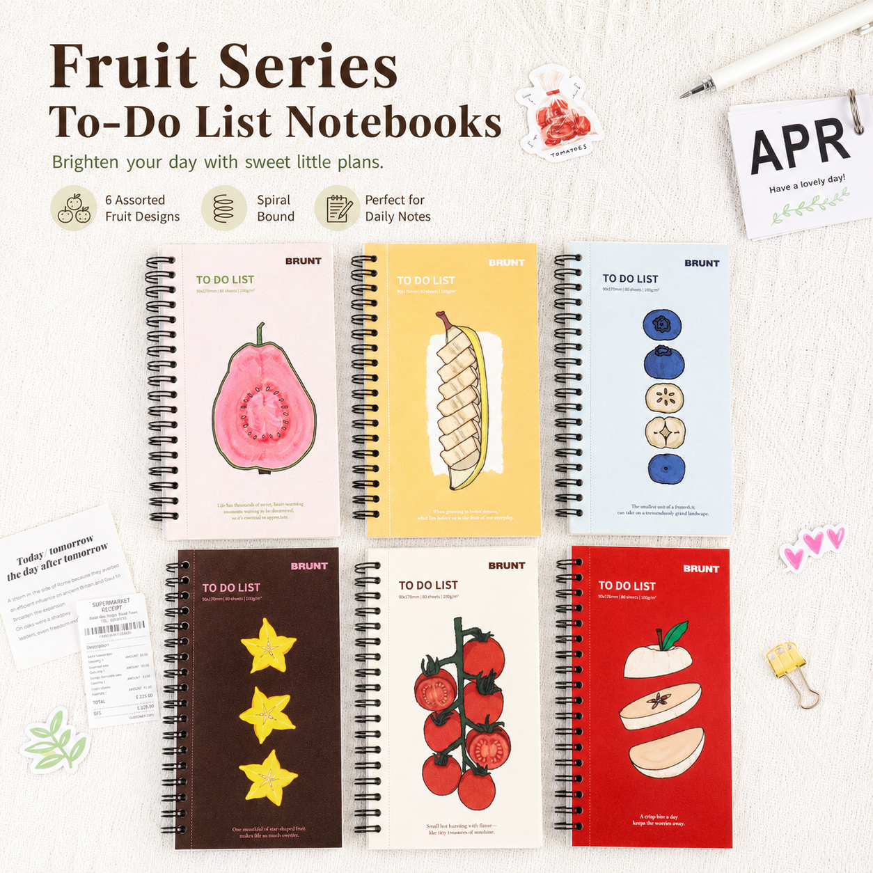 Fruit Series To Do List Notebook (tomatoes) – Spiral Bound Journal with Cute Fruit Cover, 80 Sheets, Portable Planner for Daily Notes, Study, Office and Personal Organisation