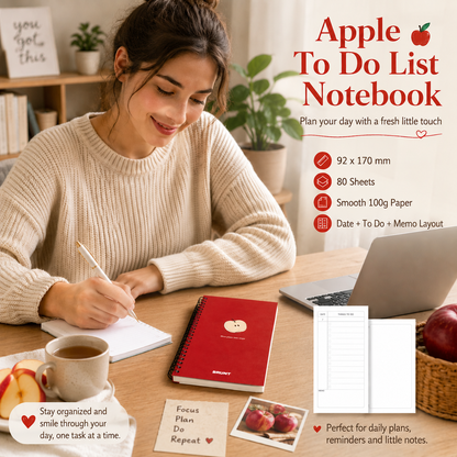 Fruit Series To Do List Notebook (Apple) – Spiral Bound Journal with Cute Fruit Cover, 80 Sheets, Portable Planner for Daily Notes, Study, Office and Personal Organisation