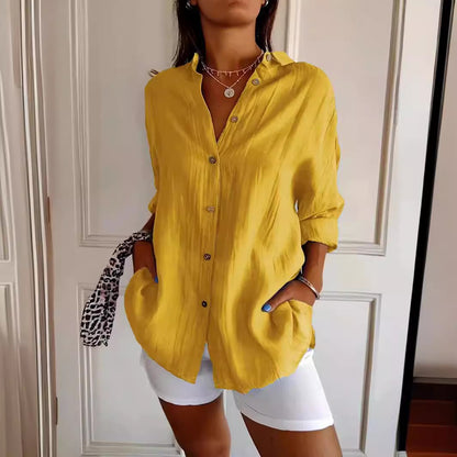 Lapel Long Sleeve Shirt Womens Single-breasted Pleated Shirt Tops V888-ELOSUNG60006