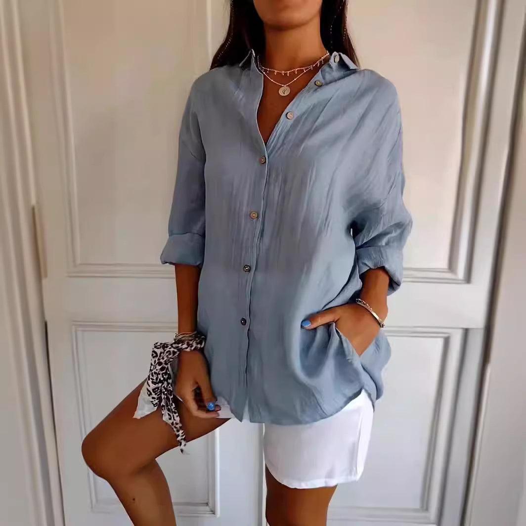 Lapel Long Sleeve Shirt Womens Single-breasted Pleated Shirt Tops V888-ELOSUNG60006