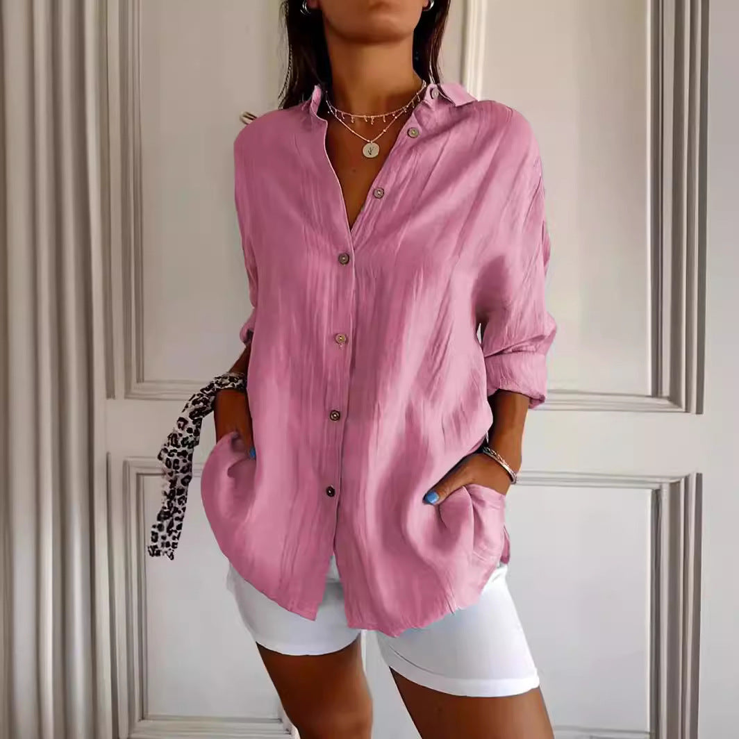 Lapel Long Sleeve Shirt Womens Single-breasted Pleated Shirt Tops V888-ELOSUNG60006