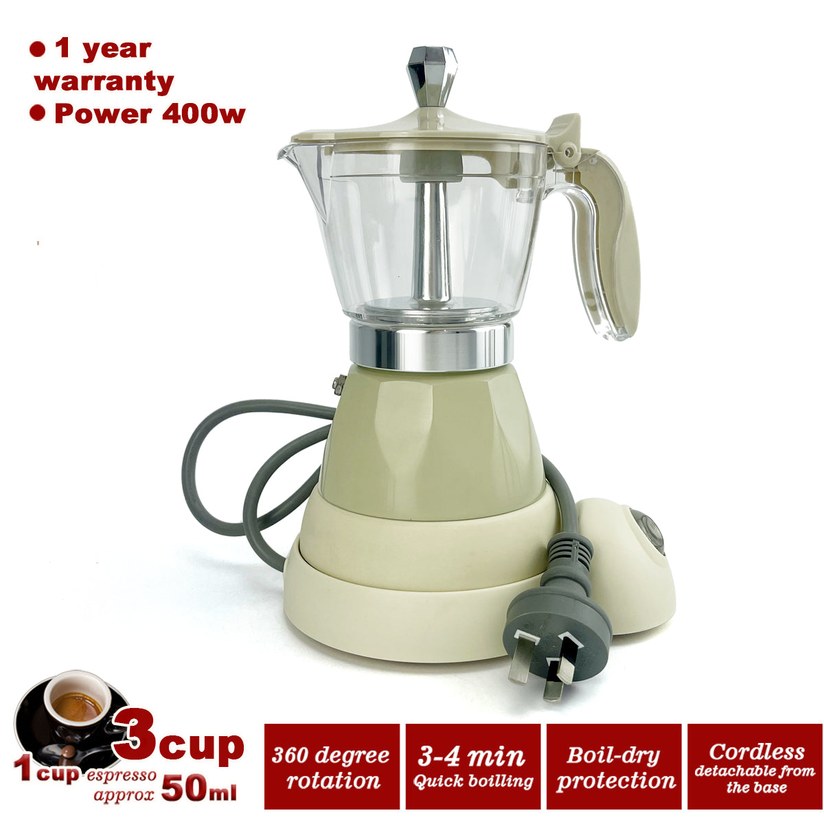 Latest Styles Electric Aluminum Espresso Moka Coffee Maker 3cups Italian Classic - Cream V891-ZY-COF-EM3CREAM-X1