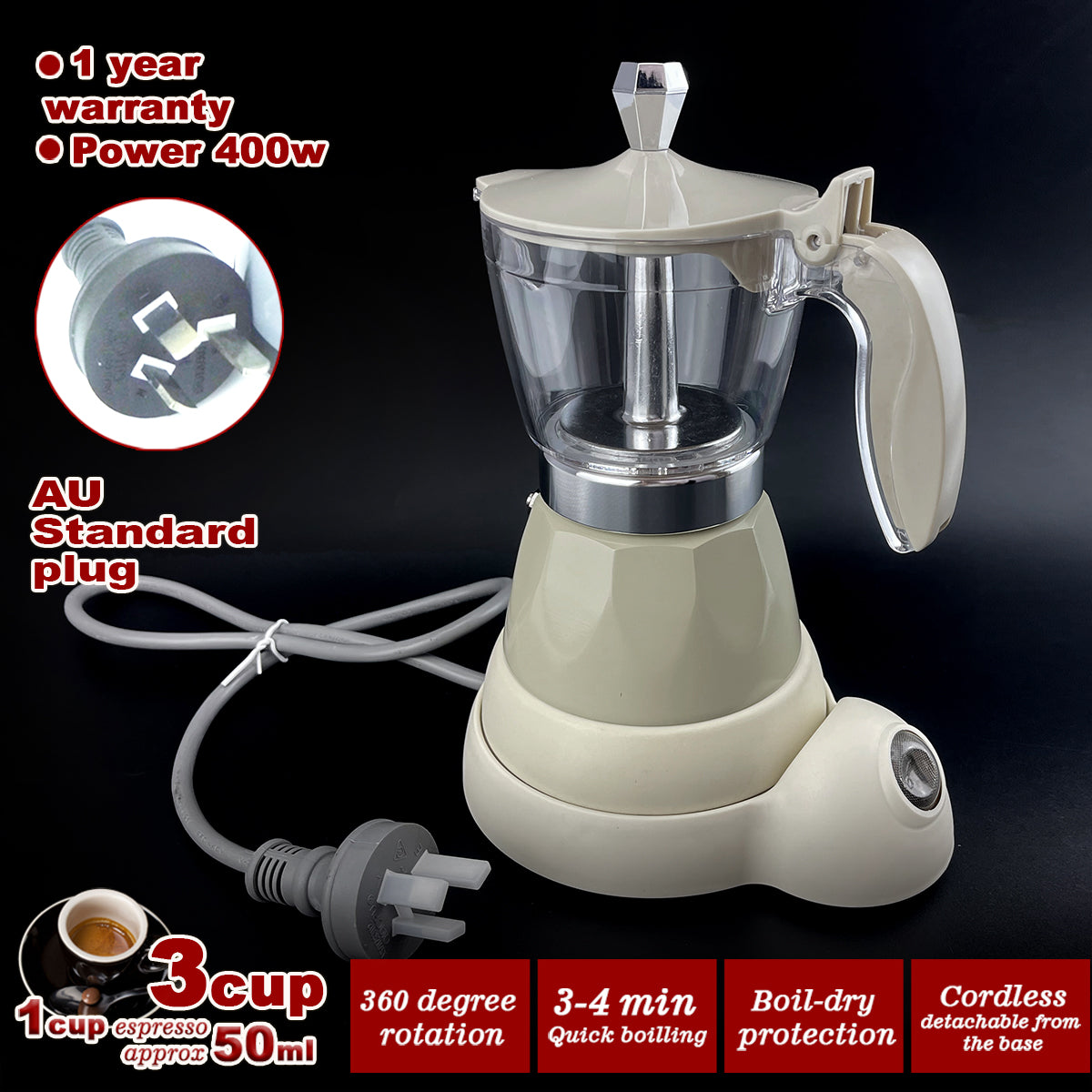 Latest Styles Electric Aluminum Espresso Moka Coffee Maker 3cups Italian Classic - Cream V891-ZY-COF-EM3CREAM-X1