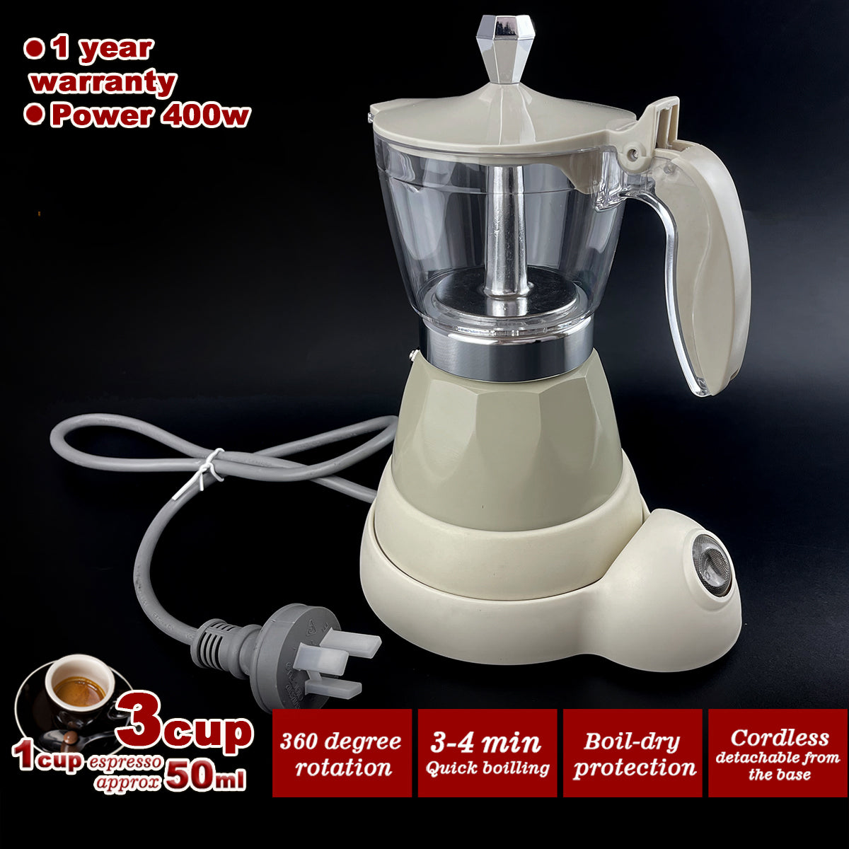 Latest Styles Electric Aluminum Espresso Moka Coffee Maker 3cups Italian Classic - Cream V891-ZY-COF-EM3CREAM-X1