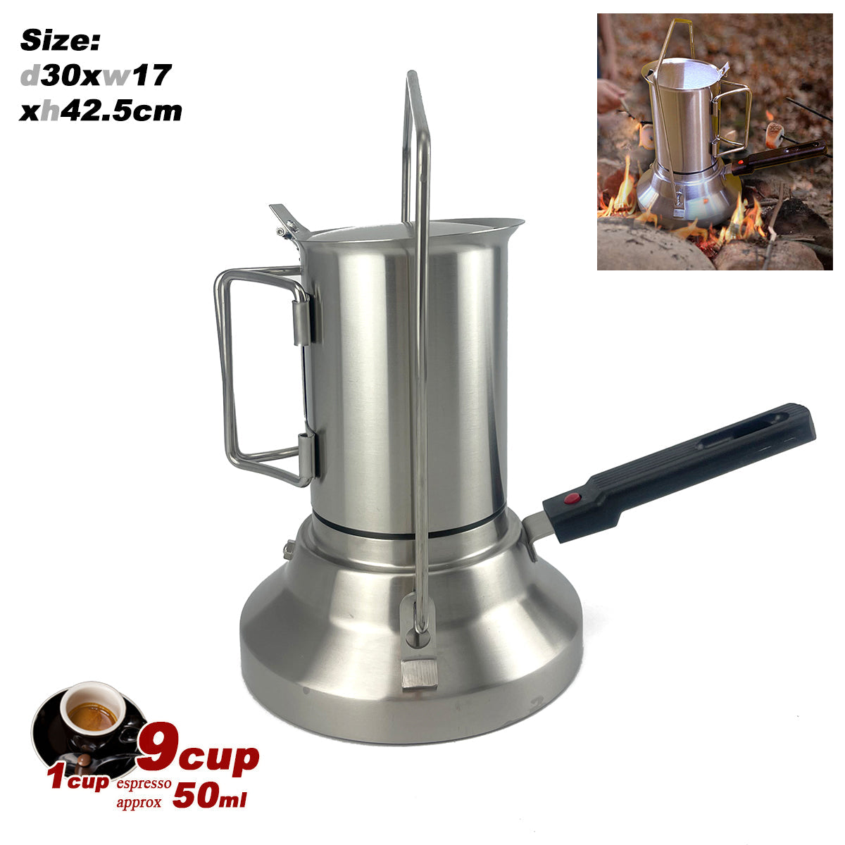 2 In 1 Camping Stainless Steel 9Cup Pot Moka Coffee Maker Italian Espresso Kettle 2024 NEW MODLE V891-ZY-COF-NOE-CAMPING9CUP-X1