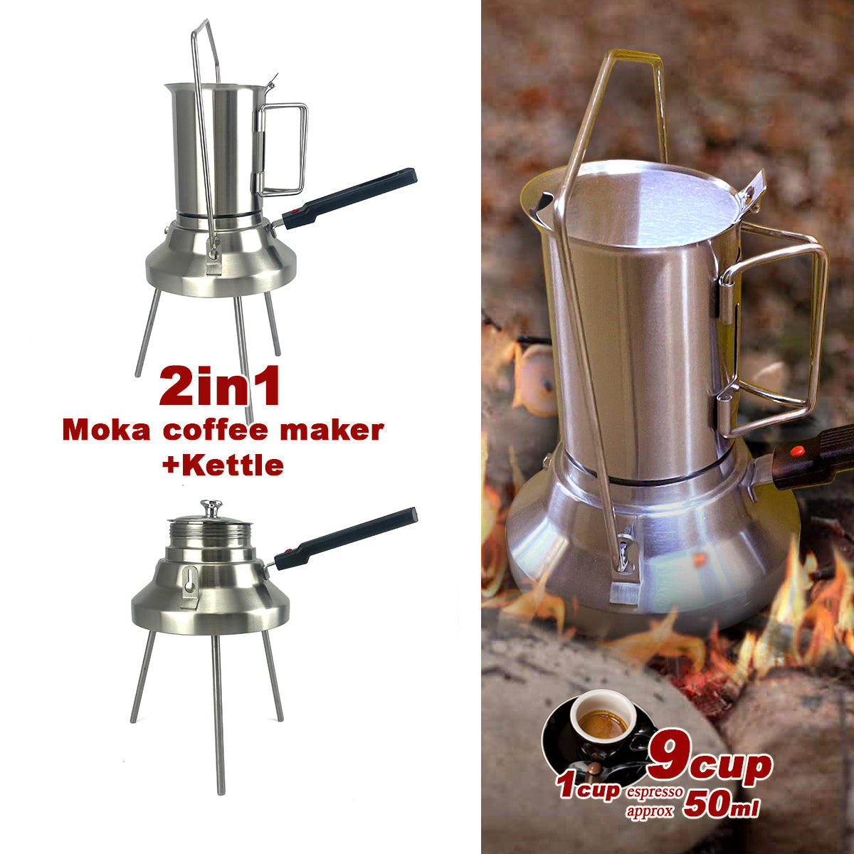 2 In 1 Camping Stainless Steel 9Cup Pot Moka Coffee Maker Italian Espresso Kettle 2024 NEW MODLE V891-ZY-COF-NOE-CAMPING9CUP-X1