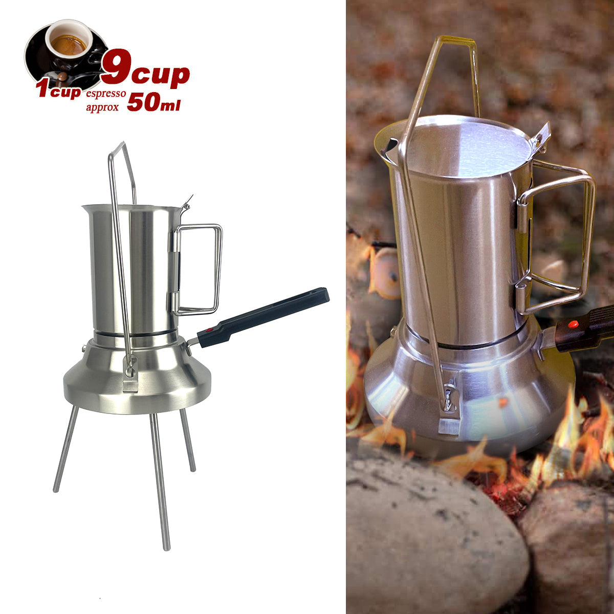 2 In 1 Camping Stainless Steel 9Cup Pot Moka Coffee Maker Italian Espresso Kettle 2024 NEW MODLE V891-ZY-COF-NOE-CAMPING9CUP-X1