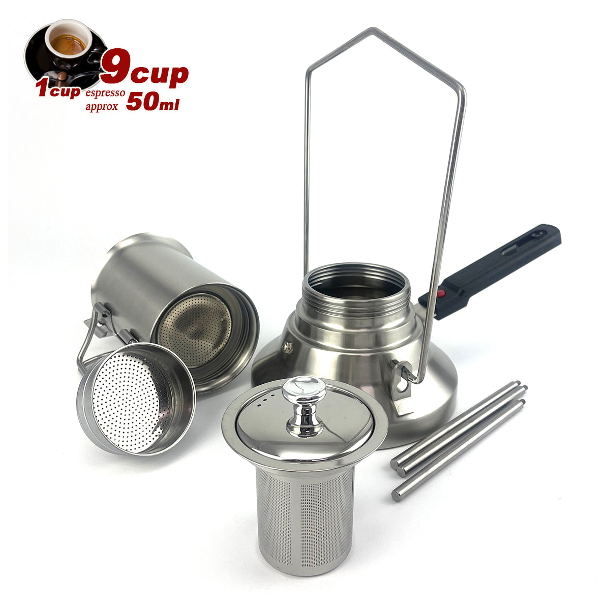 2 In 1 Camping Stainless Steel 9Cup Pot Moka Coffee Maker Italian Espresso Kettle 2024 NEW MODLE V891-ZY-COF-NOE-CAMPING9CUP-X1
