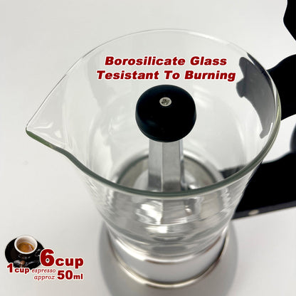 Borosilicate Glass Stainless Steel Moka Pot Coffee Maker Italian Espresso 6Cups V891-ZY-COF-NOE-GLASS6CUP-W-X1