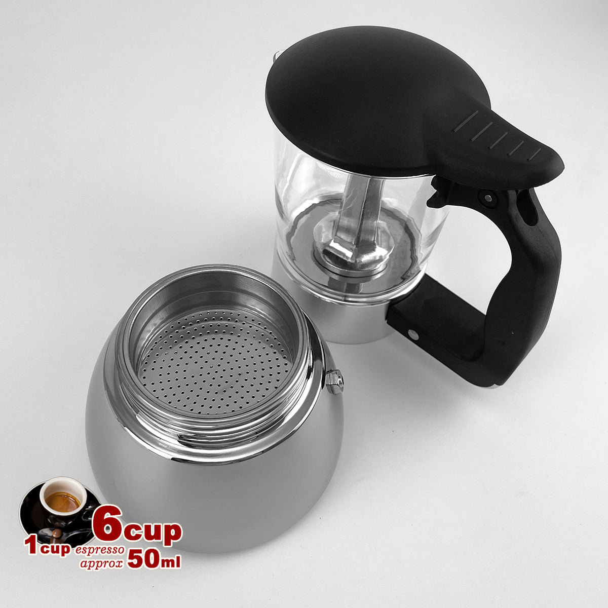Borosilicate Glass Stainless Steel Moka Pot Coffee Maker Italian Espresso 6Cups V891-ZY-COF-NOE-GLASS6CUP-W-X1