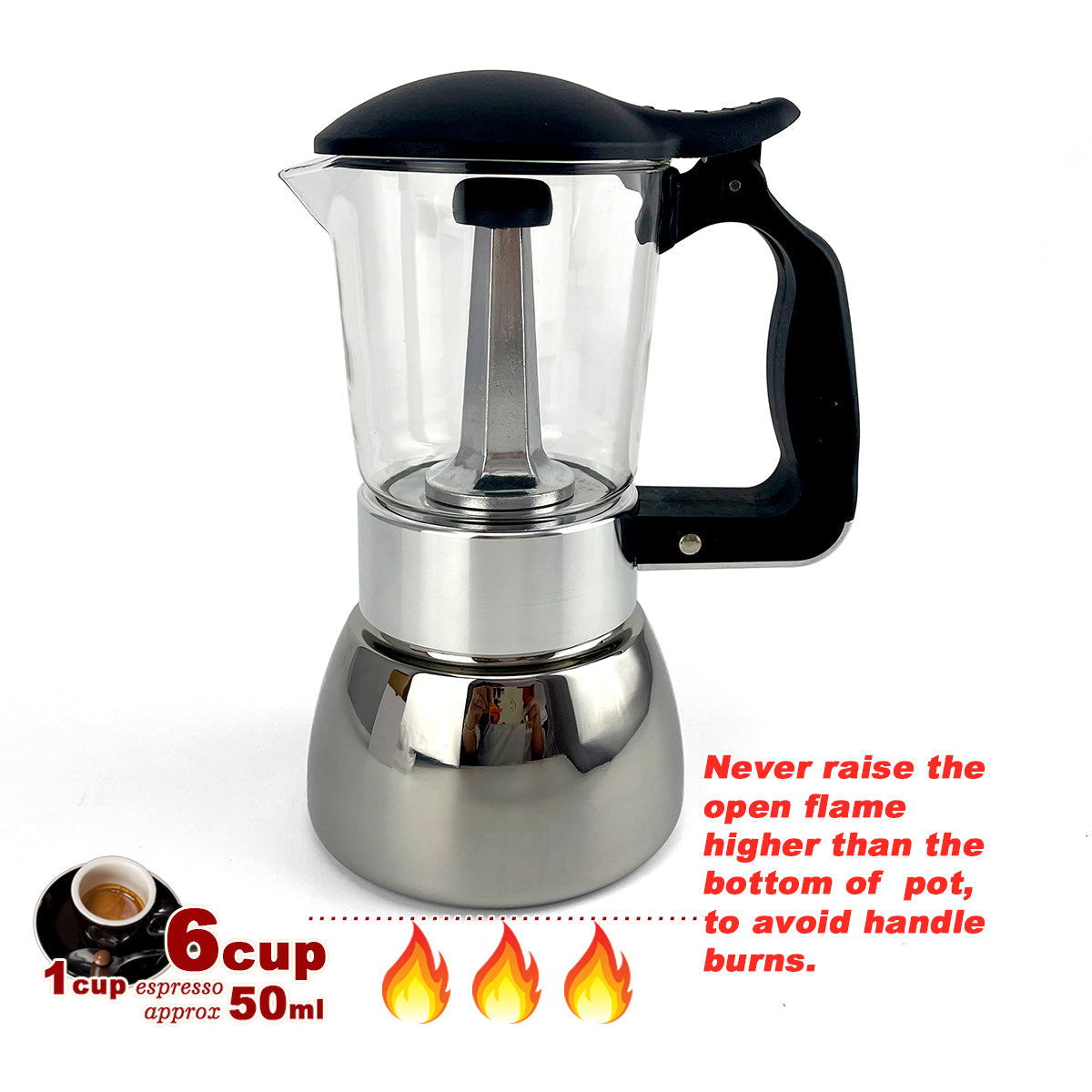 Borosilicate Glass Stainless Steel Moka Pot Coffee Maker Italian Espresso 6Cups V891-ZY-COF-NOE-GLASS6CUP-W-X1