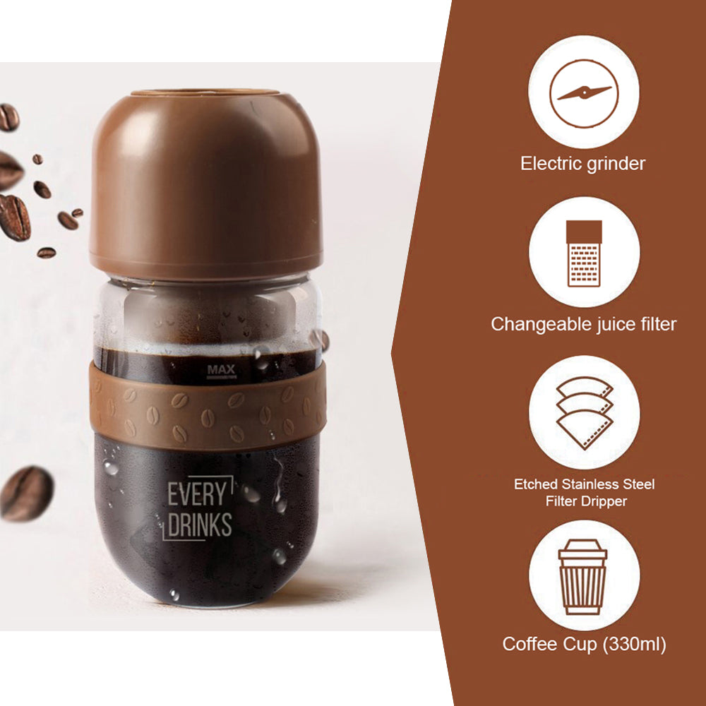 Brown All in1 Anywhere Portable Drip Pour Over Coffee Maker + Electric Grinder + Juice Blender Anywhere V891-ZY-EVEDRB-X1